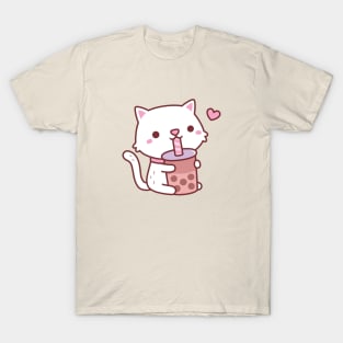 Cute White Cat Loves Drinking Boba Tea T-Shirt